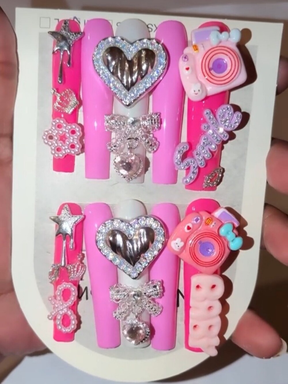 Handmade Pink Sparkle Press-On Nails Set with Heart & Camera Charms Size Large